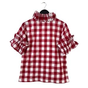 Elizabeth Wilson Small Red Gingham Plaid Ruffle Blouse‎ Preppy Casual